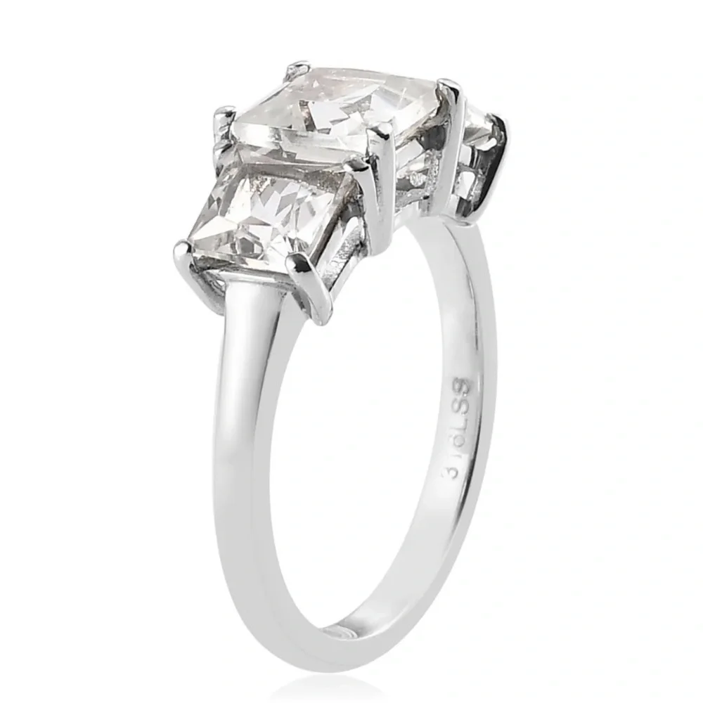 Princess Cut White Topaz 3 Stone Ring in Stainless Steel (Size 11) 3.10 carats